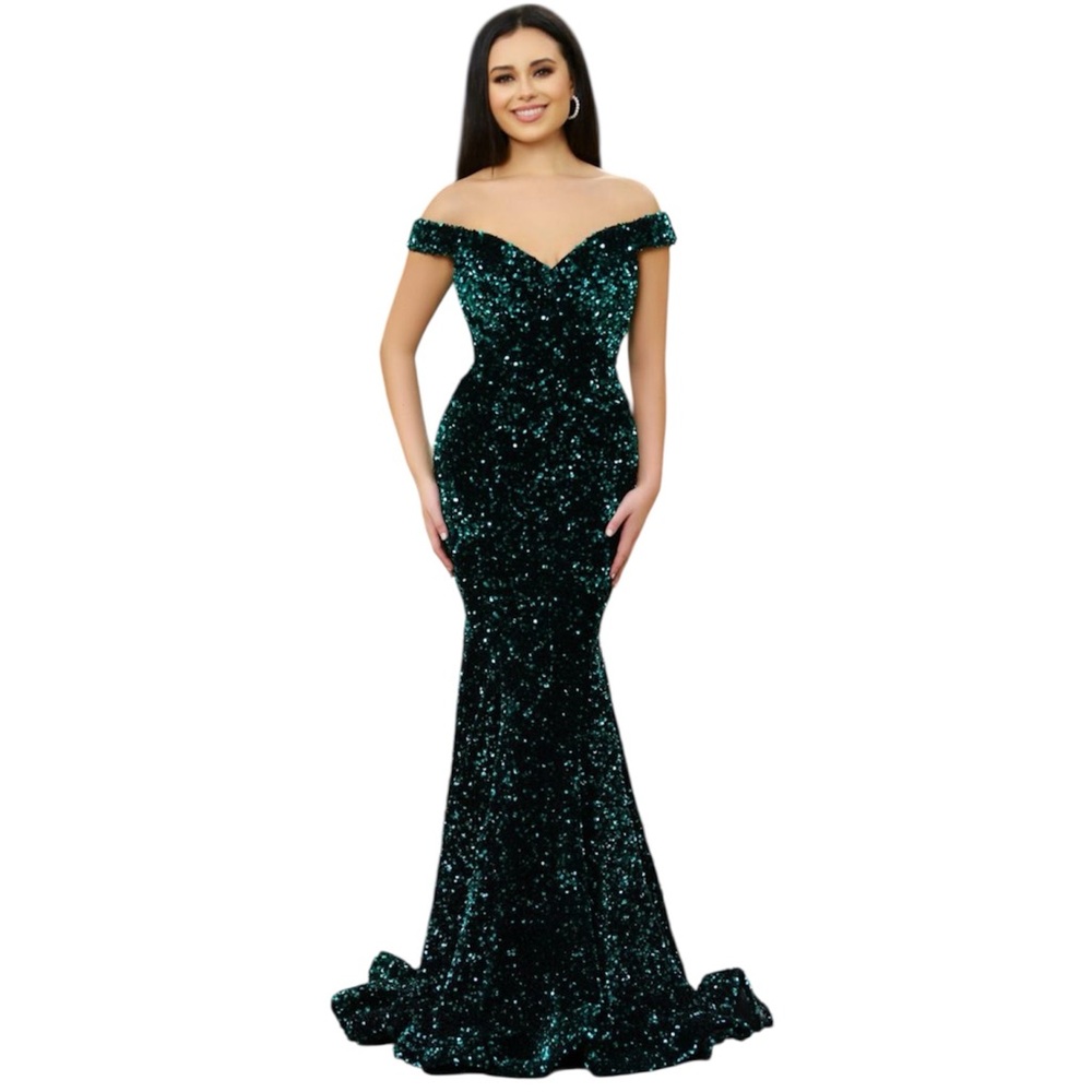 Off-Shoulder Emerald Sequin Mermaid Gown